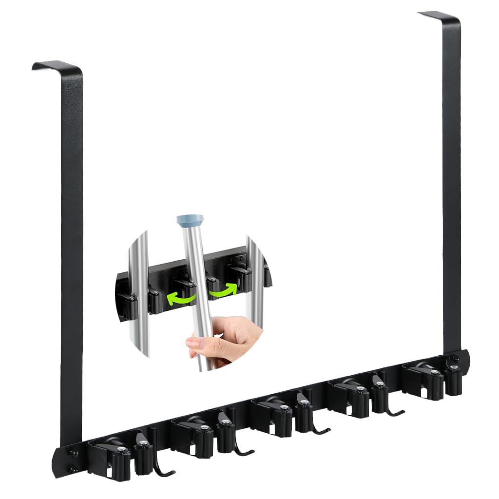 HASTHIP Stainless Steel Broom Holder Wall Mounted, 5-Slot Mop Organizer with 4 Hooks, Heavy Duty Multifunctional Rack Broom Mop Holder for Kitchen Bathroom Closet Garage Office Garden HASTHIP Stainless Steel Broom Holder Wall Mounted, 5-Slot Mop Organizer with 4 Hooks, Heavy Duty Multifunctional Rack Broom Mop Holder for Kitchen Bathroom Closet Garage Office Garden